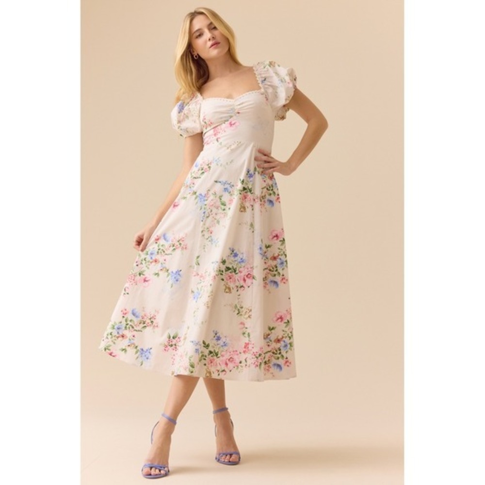 Altar'd‎ State Floral Puff Sleeve Midi Dress Sweetheart Neck Lace Trim Size XXS